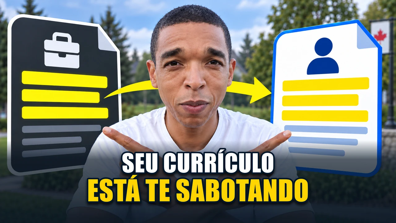 Ricardo between a vacancy and résumé with SEU CURRÍCULO ESTÁ TE SABOTANDO text.