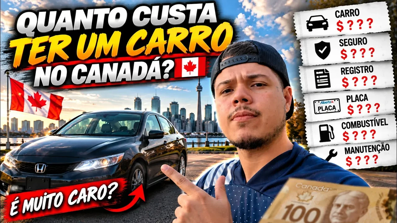 Captured original first-car thumbnail with a broad cost headline, six question-mark expense rows, and an É MUITO CARO? tag.