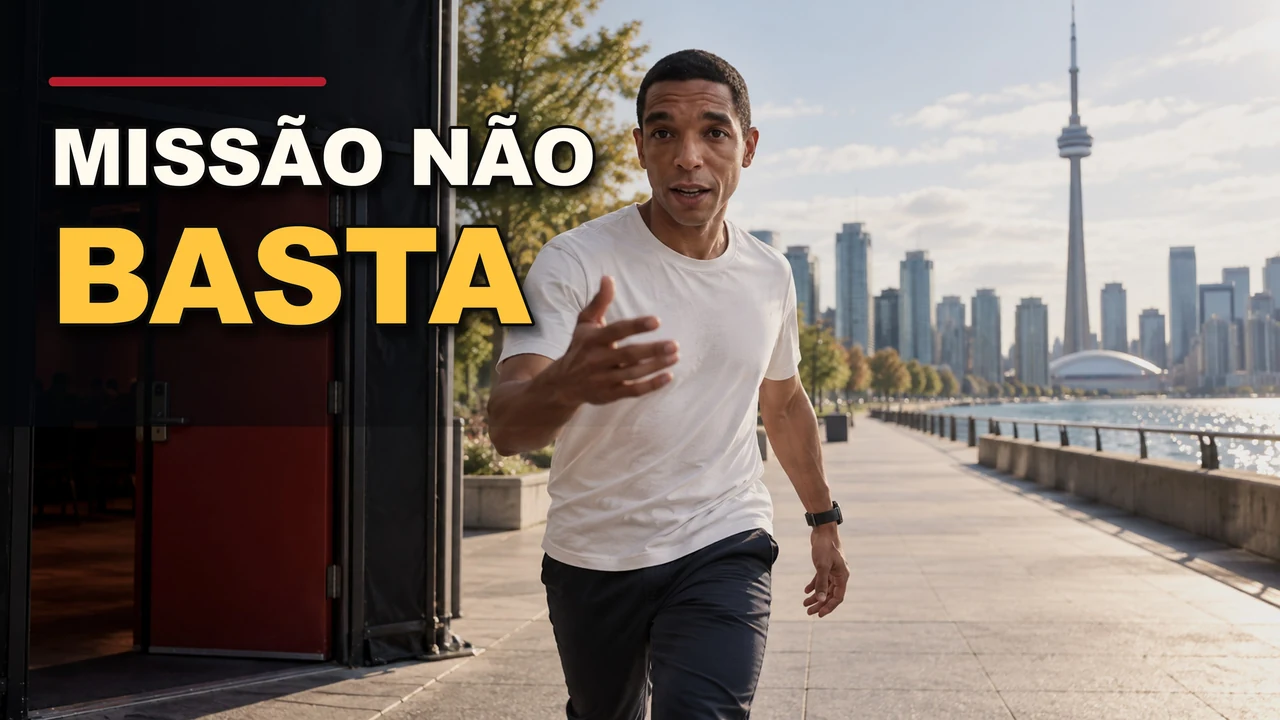 Ricardo by an open doorway and Toronto skyline with MISSÃO NÃO BASTA in large type.