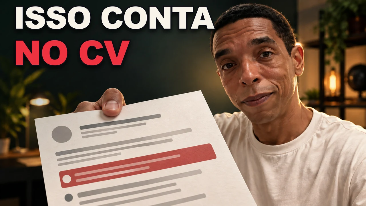 Ricardo holding a résumé with ISSO CONTA NO CV in large type.