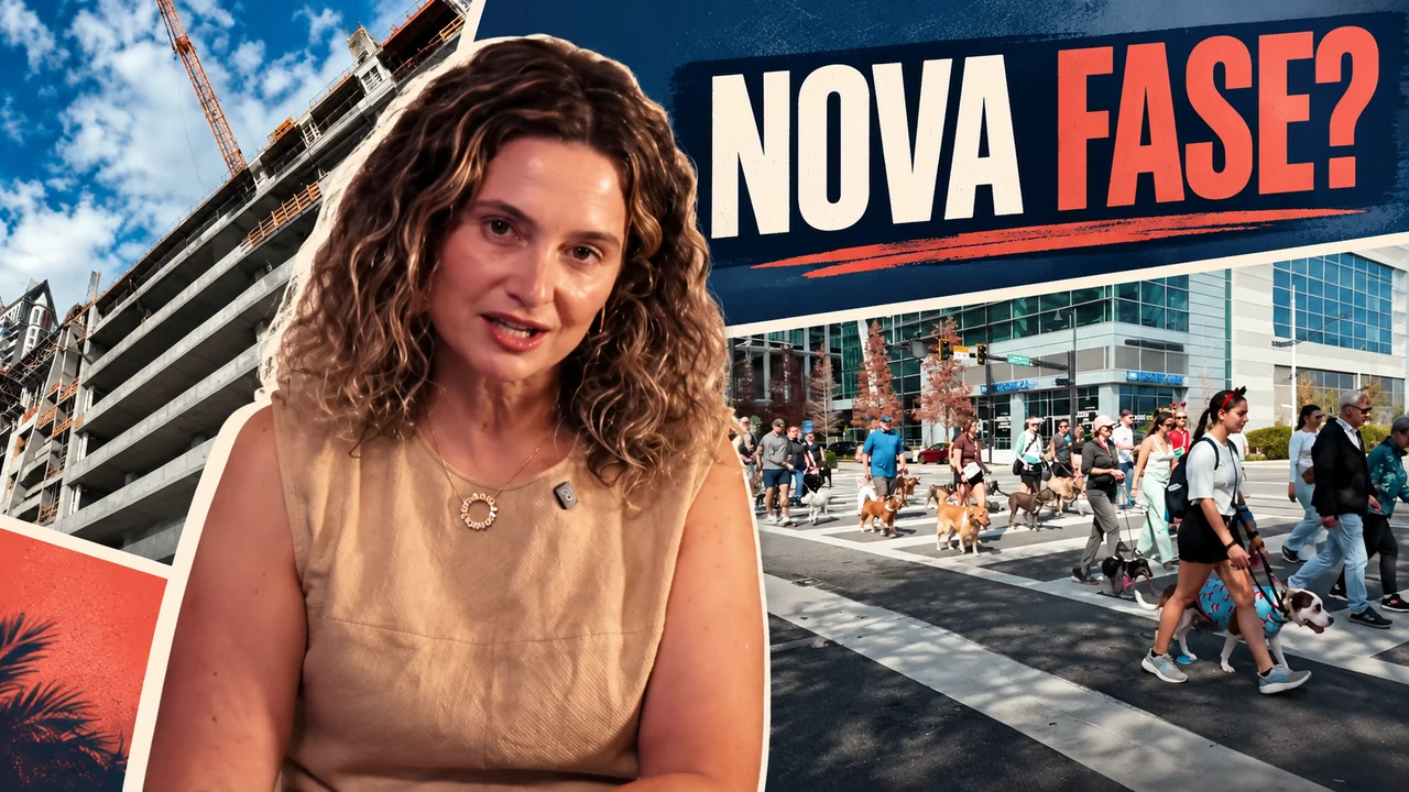 Selected C concept: presenter between construction and a city crossing under NOVA FASE? text.
