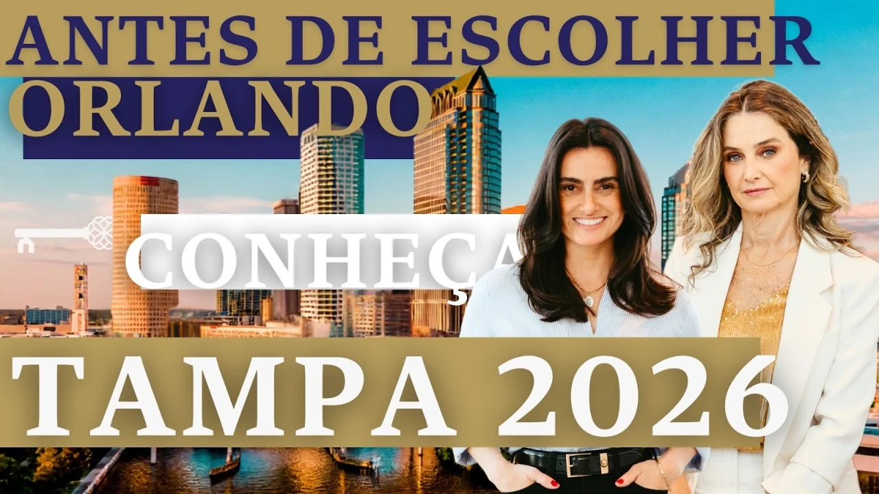 Captured YouTube thumbnail with two presenters and the words ANTES DE ESCOLHER ORLANDO, CONHEÇA, and TAMPA 2026.