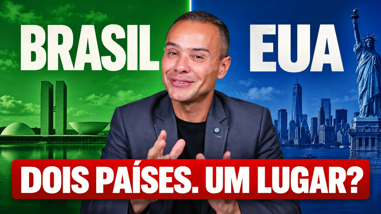 Emerson centered between Brazil and US imagery with DOIS PAÍSES. UM LUGAR? text.